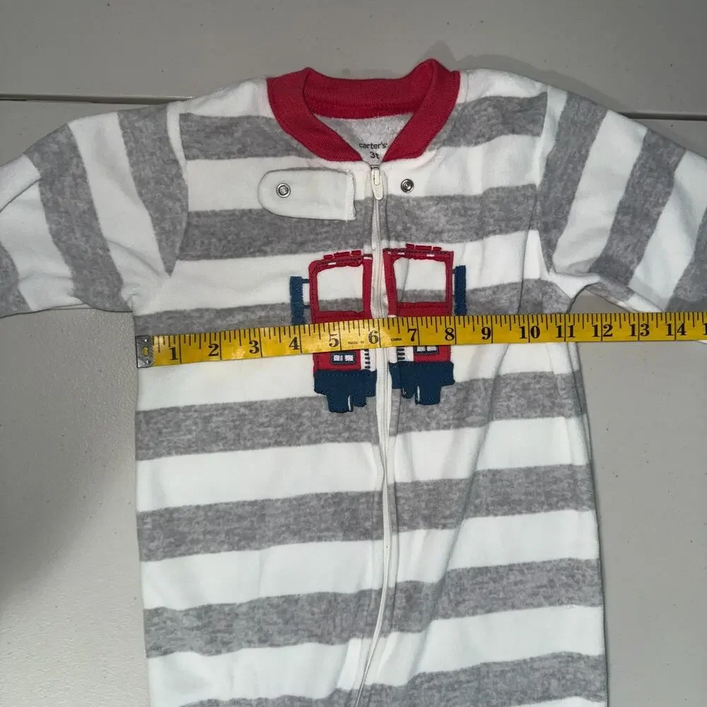 Carters Boys 3T Footie Pajamas‎ Firetruck Striped Microfleece Full Zip Sleepwear